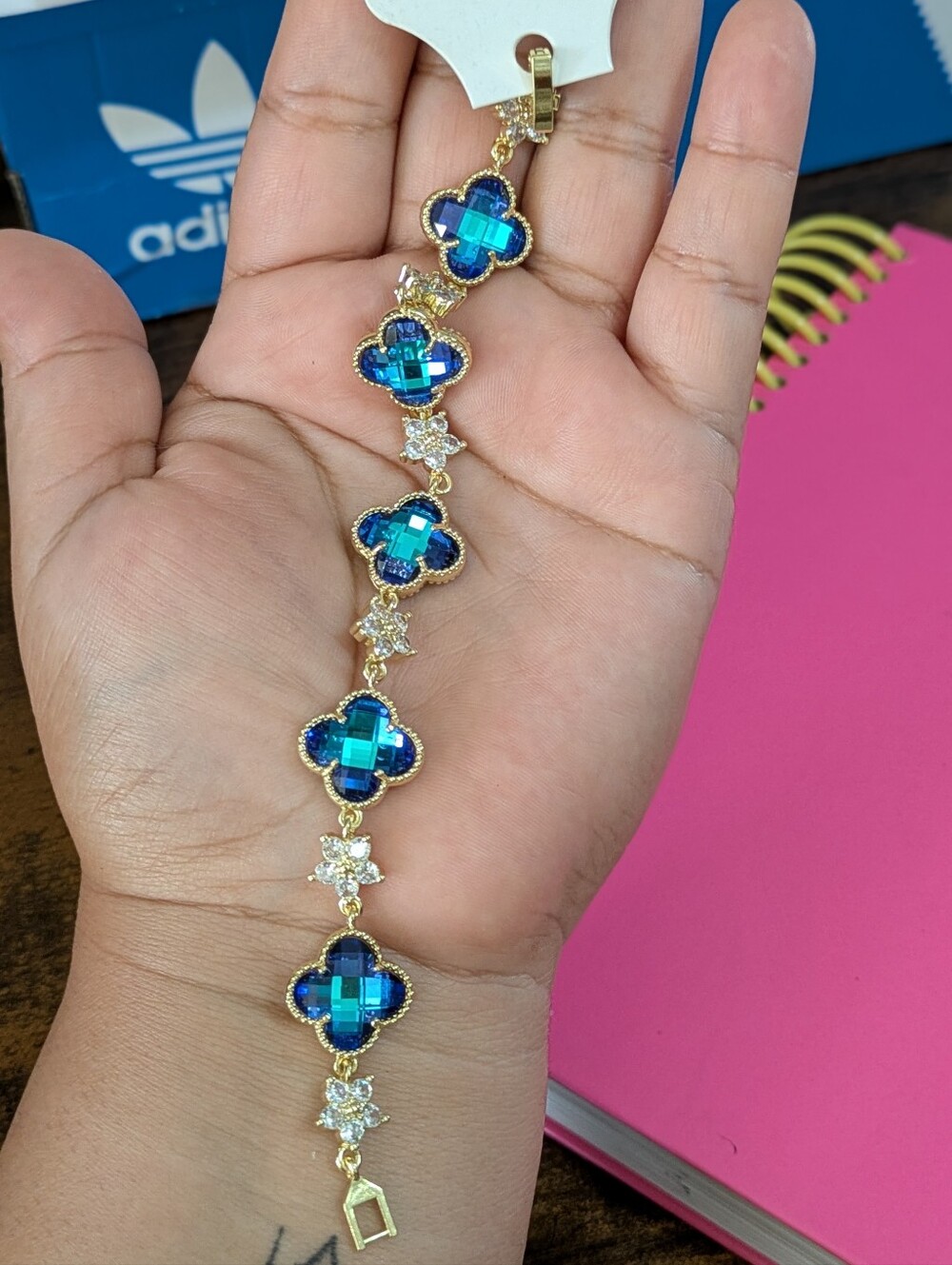 Gold-Plated Blue Crystal Clover Link Bracelet